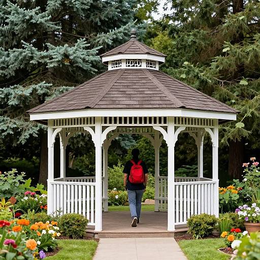 White Gazebo in Lush Garden