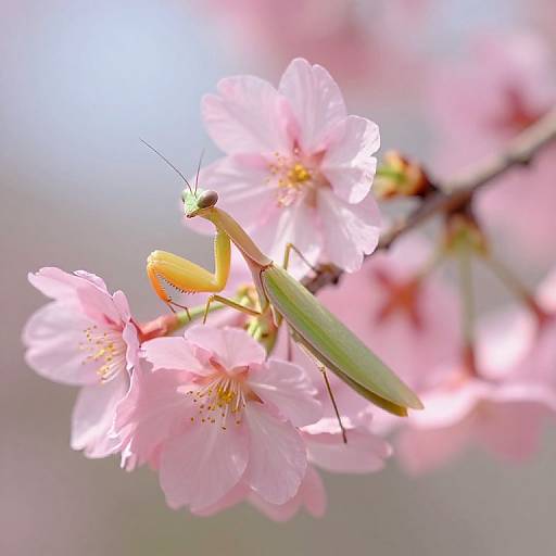 Photograph of a vibrant green praying mantis perched on delicate pink cherry blossoms, with soft, blurred background and bright sunlight.