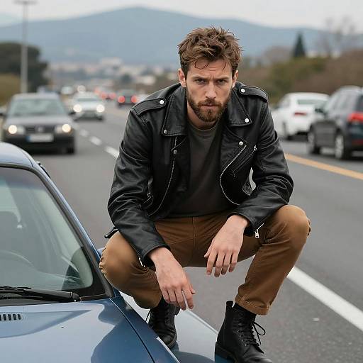 Crouching Man on Blue Car in Traffic