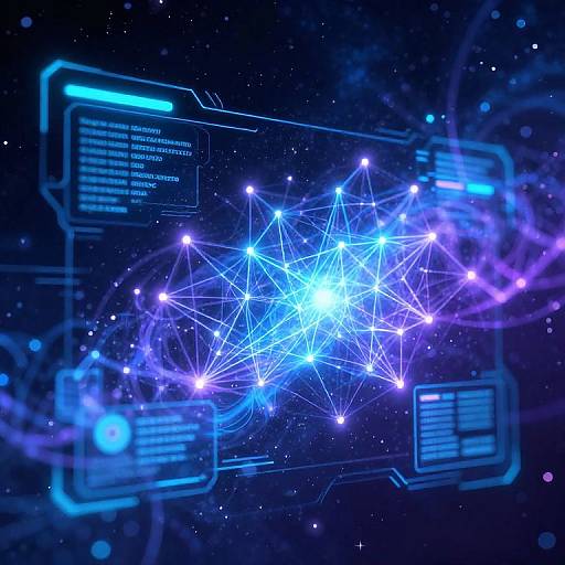 Digital illustration of a glowing blue neural network with interconnected stars against a dark, starry space background, surrounded by blue futuristic interface elements.