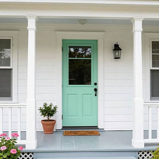 Photograph of a white wooden porch with mint green door, black lantern, potted plant, pink flowers, and a doormat.