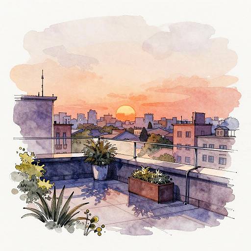 Sunset Rooftop Garden Watercolor Line Art