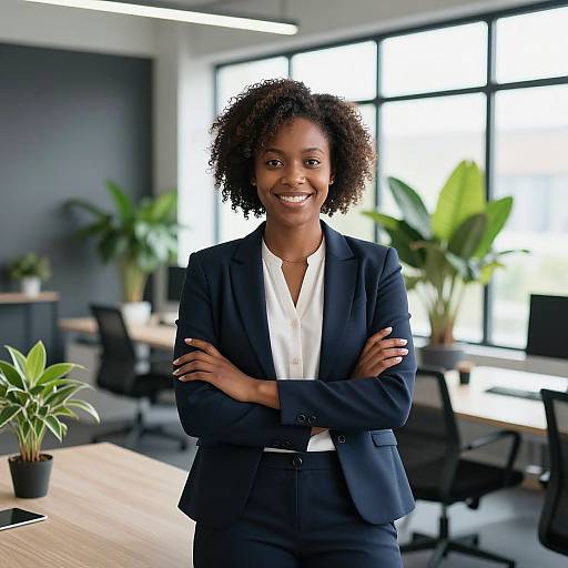 Photograph of a smiling Black woman with curly hair, wearing a navy blazer and white shirt, standing in a modern office with large windows and green