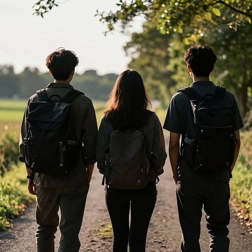 Photograph of three silhouetted people with backpacks walking down a sunlit, tree-lined path, their backs to the camera.