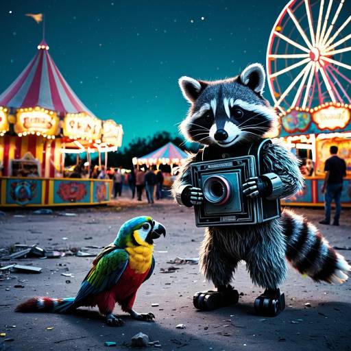 Robotic Raccoon and Colorful Parrot at Abandoned Carnival