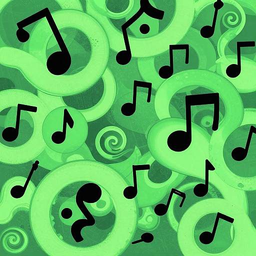 Digital artwork featuring black musical notes scattered across a neon green, swirling, circular pattern background, creating a vibrant, energetic feel.
