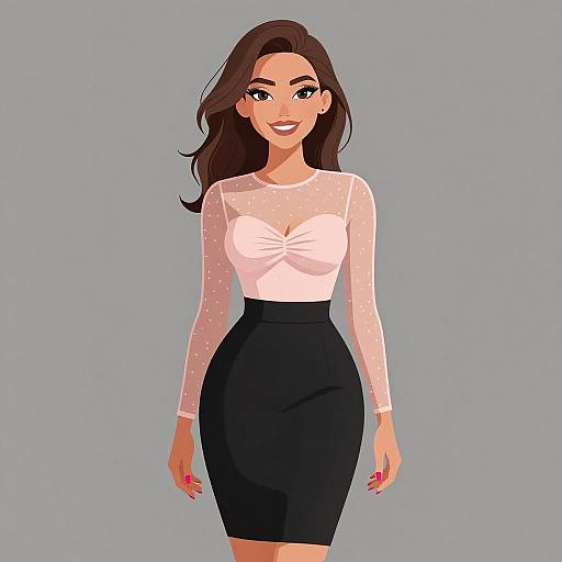 Digital illustration of a smiling woman with long brown hair, wearing a white sheer top with polka dots and a black skirt, standing against a gray background