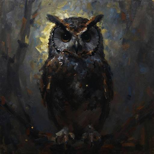 Dark, mysterious digital painting of an owl with glowing yellow eyes and textured, shadowy feathers against a blurred, multicolored background.
