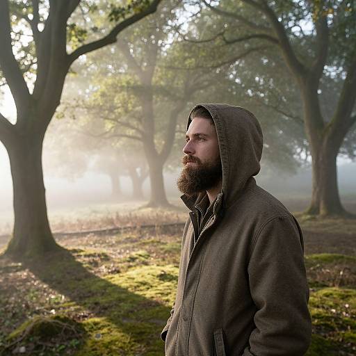 Photograph of a bearded man with a brown hooded jacket standing in a misty, sunlit forest, surrounded by large trees.