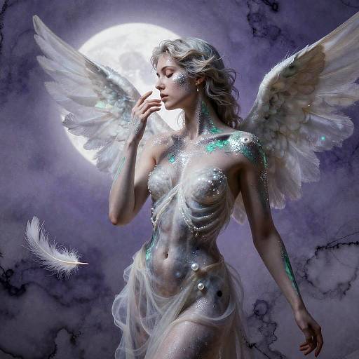 Ethereal Angelic Woman with Wings in Moonlight