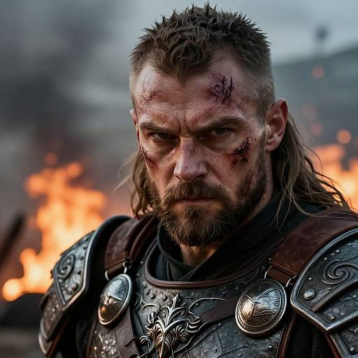 Photograph of a rugged, bearded warrior with long brown hair, bloodied face, and detailed medieval armor, standing amidst blazing flames. Intense