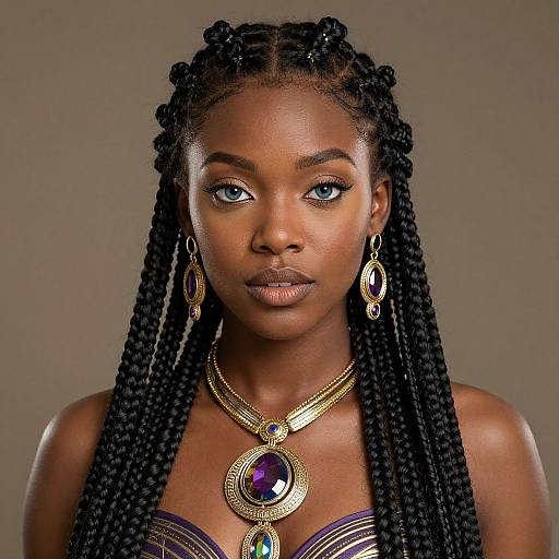 Photograph of a beautiful Black woman with long, braided hair, wearing gold jewelry, including a large purple gemstone necklace and earrings, against a