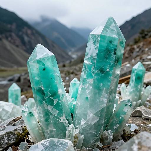 Photograph of vivid turquoise crystal clusters with transparent, faceted structures, set against a misty mountainous background with rocky terrain.