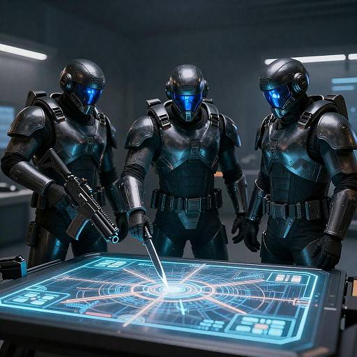 Futuristic Soldiers Around Neon Holographic Map