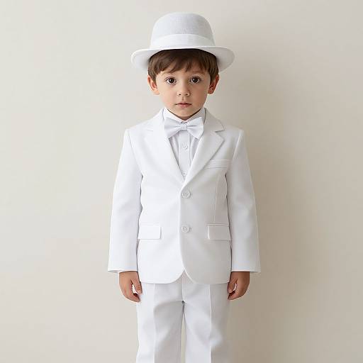 Photograph of a young boy with light brown hair wearing a white suit, bow tie, and white hat, standing against a plain white background.