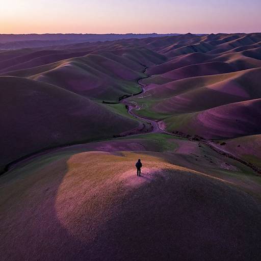 Photograph of a lone silhouetted figure standing in a vast, undulating, purple-hued desert landscape at sunset, with winding paths and