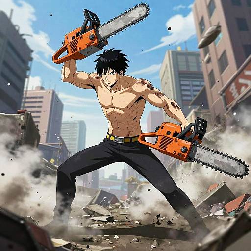 Chainsaw Man Chaotic Cityscape Art