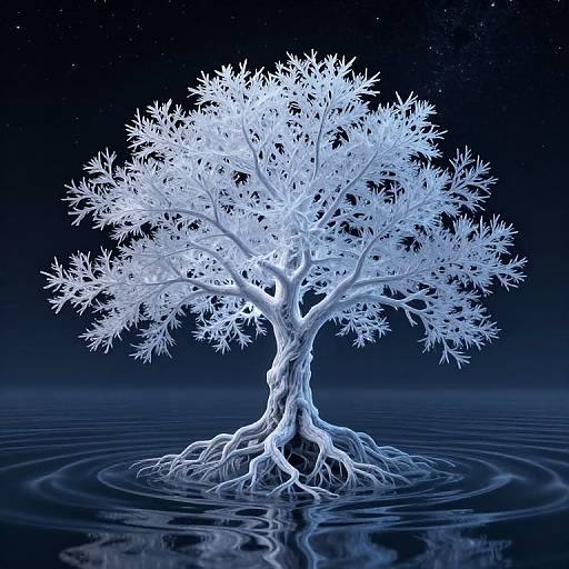 Photorealistic CGI of a glowing white tree with intricate foliage, rooted in calm, reflective water under a starry night sky.