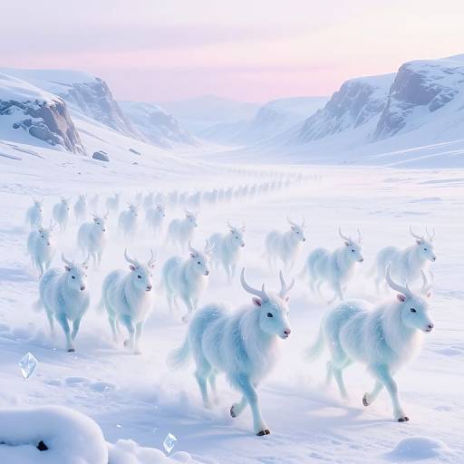 Photograph of a herd of fluffy, white Arctic reindeer with bright blue highlights, walking in a snowy mountain landscape under a bright, overexposed