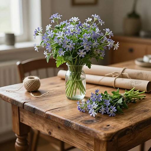 Photograph of a rustic wooden table with a glass vase of delicate purple flowers, rolled parchment, and a ball of twine.