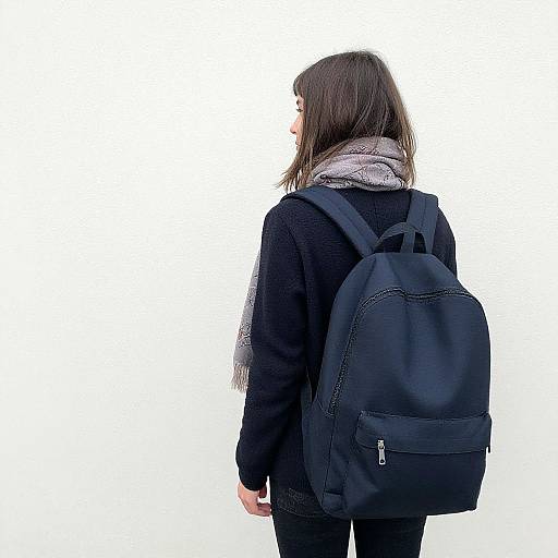 Photograph of a woman with long brown hair, wearing a black coat, white scarf, and black backpack, standing against a white background.