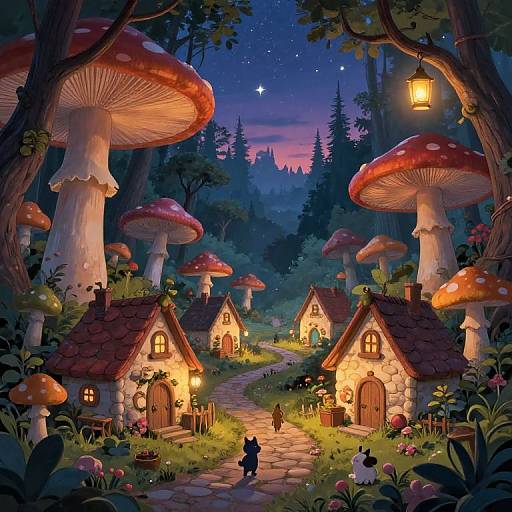 Whimsical digital painting of a fairy-tale forest at night with glowing mushroom houses, a lone black cat, and a lantern-lit path.