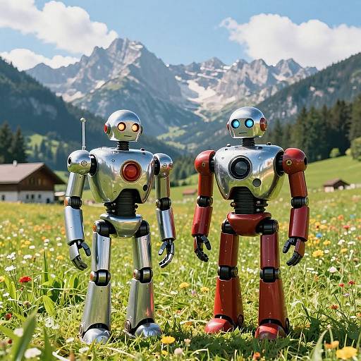 Photograph of two robot figures, one silver with red accents, one red with silver accents, standing in a vibrant meadow with mountains and a clear