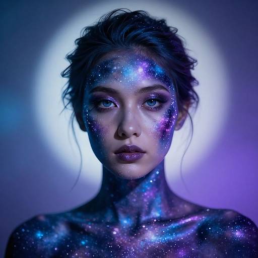 Digital artwork of a woman with ethereal, galaxy-patterned makeup and glowing blue-purple background, her dark hair loose, staring intensely forward.