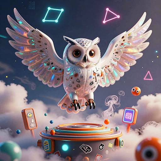 Elegant Cybernetic Owl in Neon Sky