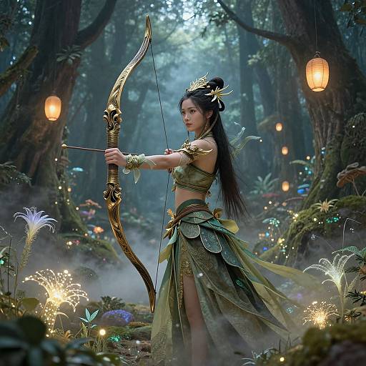 Digital fantasy artwork of an Asian archer in a forest, wearing green, leafy armor, drawing a golden bow amidst glowing mushrooms.