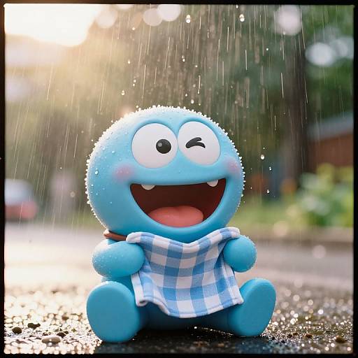 Photograph of a blue, cartoon-style character with wide eyes, blushing cheeks, and open mouth, sitting on a wet street, wearing a blue