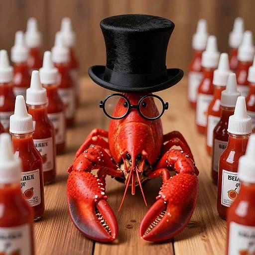 Photograph of a red lobster with black top hat and glasses, surrounded by numerous ketchup bottles on a wooden table.
