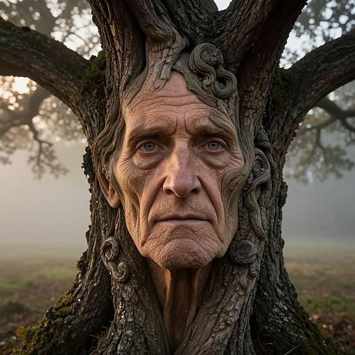 Photorealistic digital art of an elderly man's face seamlessly integrated into a twisted tree trunk, with misty forest background.