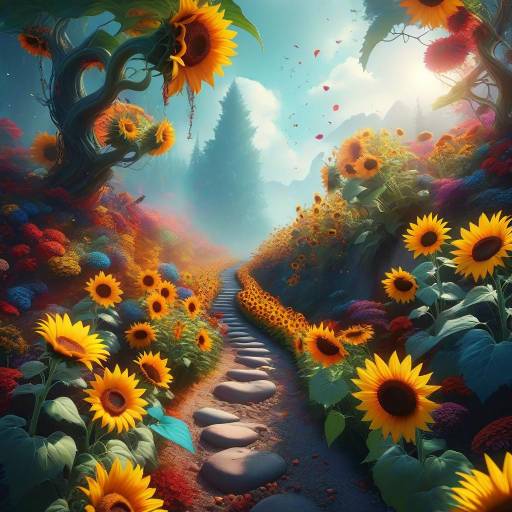 Enchanting Forest Pathway with Sunflowers