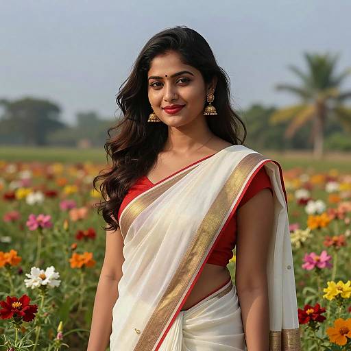 Young Indian Woman in White and Red Saree in Flower Field