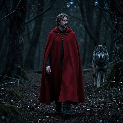 Photograph of a serious-looking man in a red cloak, standing in a dark, misty forest with a wolf approaching behind him.
