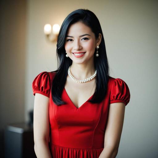 Asian Woman in Red Dress with Pearl Jewelry