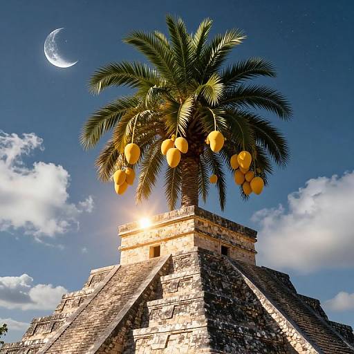 Photograph of a sunlit Mayan pyramid with a tall palm tree bearing yellow coconuts, set against a blue sky with a crescent moon