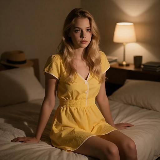 Lamp-Lit Blonde Woman in Yellow Dress