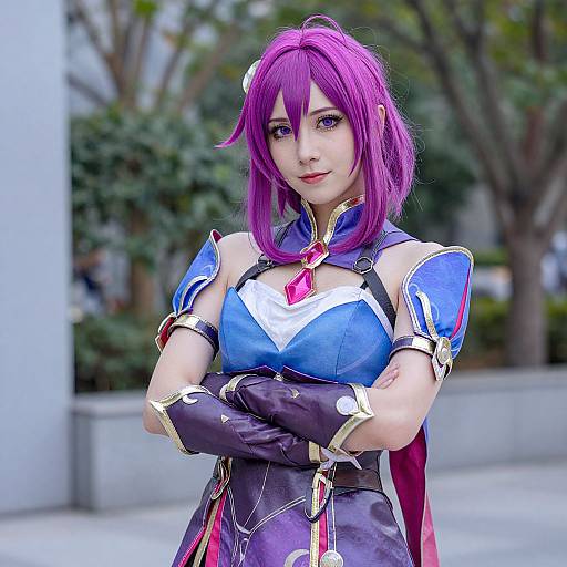 Photograph of a young woman with purple hair, dressed as a blue and purple anime warrior, standing outdoors with arms crossed, background blurred with trees and