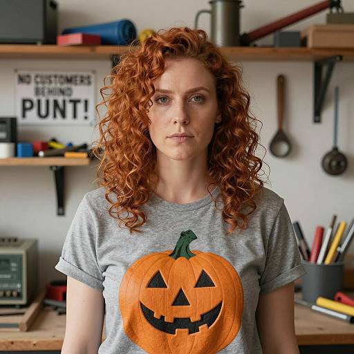 Woman with Curly Auburn Hair Wearing Pumpkin T-shirt in Workshop