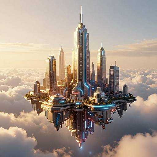 Photorealistic CGI of a futuristic, neon-lit floating cityscape with skyscrapers, surrounded by fluffy clouds at sunset, glowing with blue and
