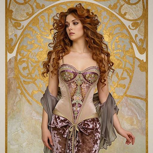 Photograph of a beautiful woman with long, curly auburn hair, wearing an ornate, strapless corset with purple, gold, and