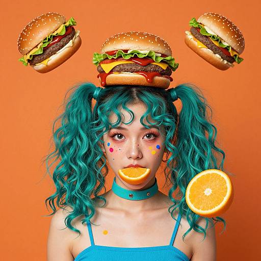 Photograph of a girl with turquoise pigtails, blue tank top, and orange backdrop, wearing three floating burgers and an orange slice, with colorful