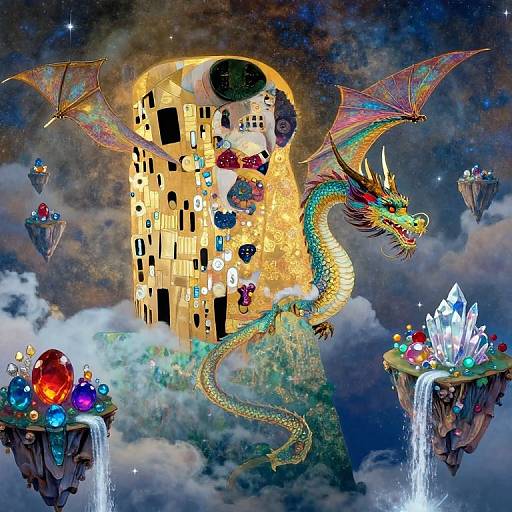 Vibrant digital fantasy artwork: golden castle adorned with jewels, dragon with rainbow scales, floating islands with crystals and jewels, waterfalls, and a
