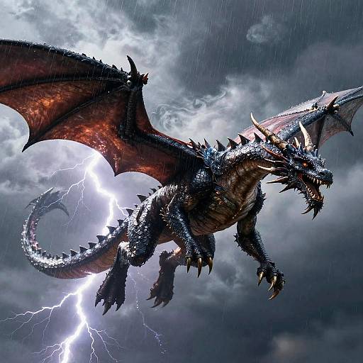 Mighty black dragon with red wings and spikes flies amidst stormy sky with lightning, illuminated by bright, flashing lightning bolts.