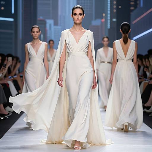 Fashion runway photograph: Model in white, V-neck, flowing gown with cape walks center, flanked by other models in similar dresses, urban cityscape