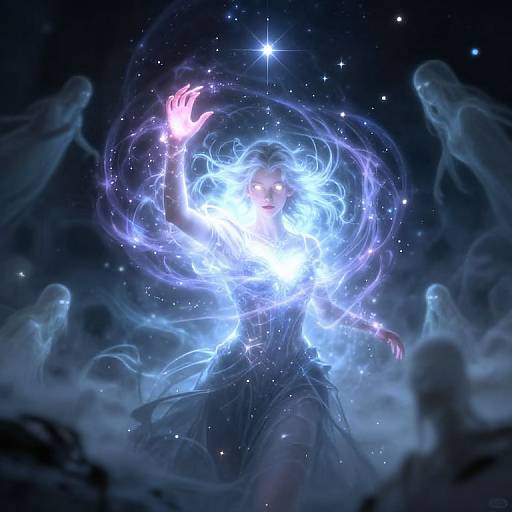 Digital artwork of a glowing, ethereal woman with blue, luminescent hair and outstretched hand, surrounded by swirling light and ghostly figures