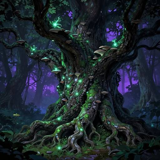 Digital artwork of a mystical, glowing forest tree with luminescent green mushrooms and bioluminescent fireflies against a purple twilight background.