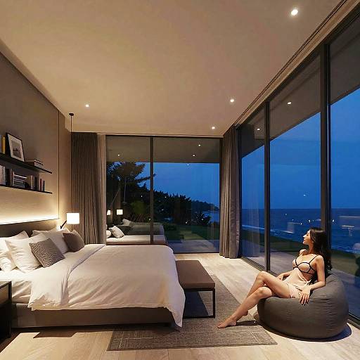 Photograph of a modern bedroom with large floor-to-ceiling windows at dusk, showing a woman in black lingerie sitting on a beanbag by the bed